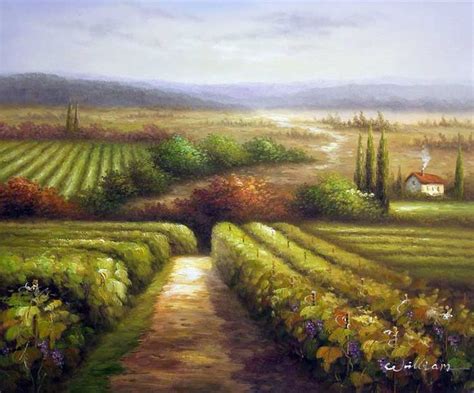 Tuscany Italian Vineyard Winery Village Oil Painting Vineyard Art