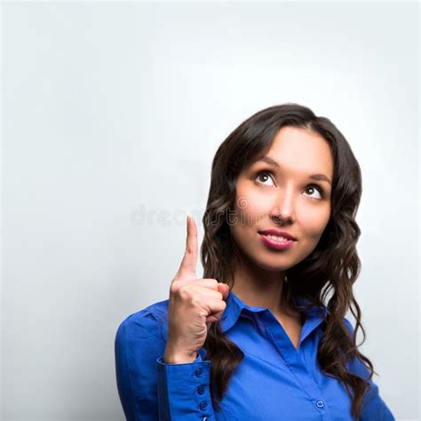 Woman Copy Space Pointing Finger Smiling Business Woman Stock Image