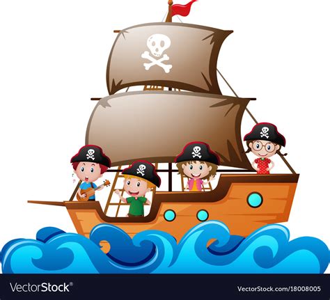Four Kids Playing Pirate In The Ship Royalty Free Vector