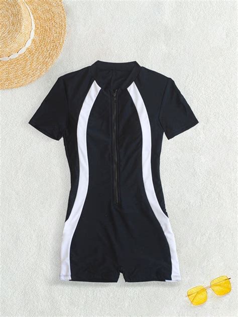 Colorblock Zipper Front One Piece Swimsuit Shein Usa