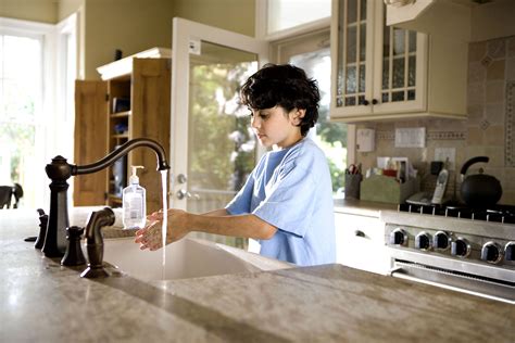 Free Picture Young Boy Shown Process Washing Hands Kitchen Sink