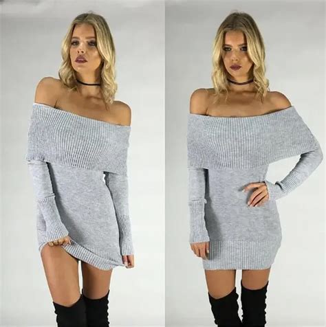 2016 High Quality Autumn Winter Off Shoulder Dress Women Black Gray Knitted Sweater Dress Sexy