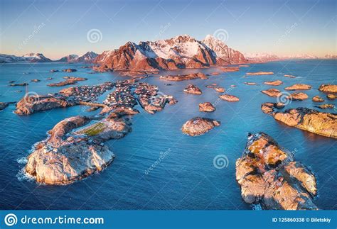 Aerial View At The Lofoten Islands Norway Mountains And Sea During