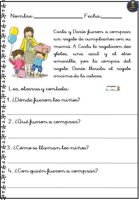 A Spanish Worksheet With An Image Of Two Children Holding Balloons And