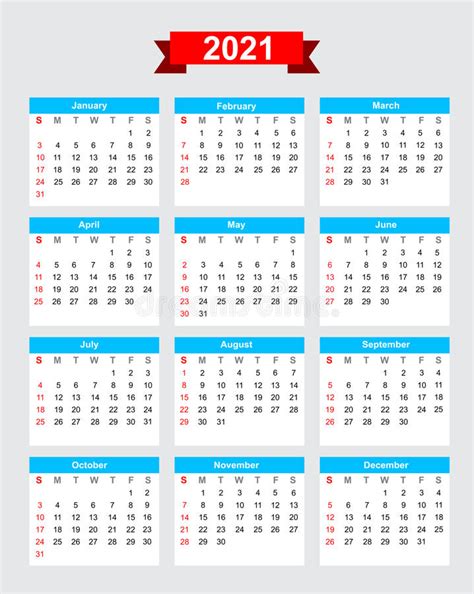 Comienzo Domingo De La Semana De Calendario 2021 Ilustración Del Vector