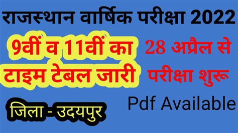 राजस्थान वार्षिक परीक्षा 2022 Time Table 2022 Udaipur 9th And