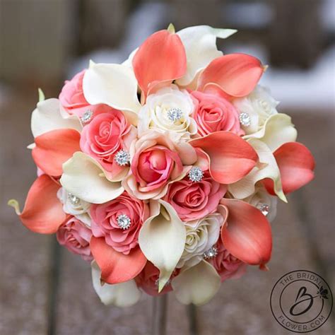 Coral Wedding Bouquet With Sparkly Gems Roses And Calla Lilies In 2019