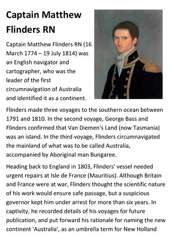 Captain Matthew Flinders Rn Handout Teaching Resources