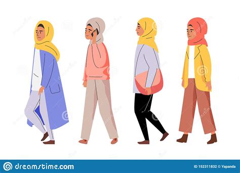Muslim Women Walking In Line Vector Illustration Stock Vector ...