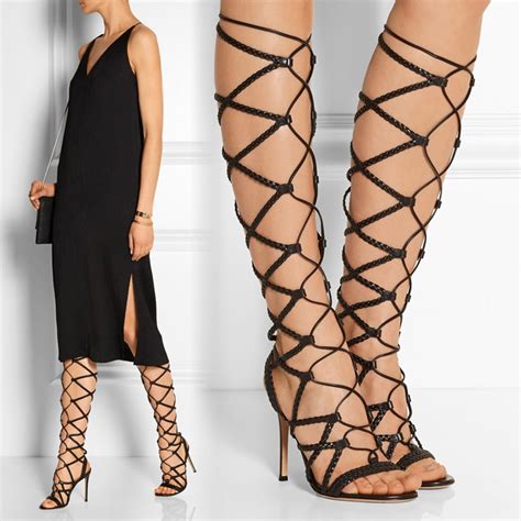 Summer Style Knee High Gladiator Sandals Lace Up High Heel Shoes
