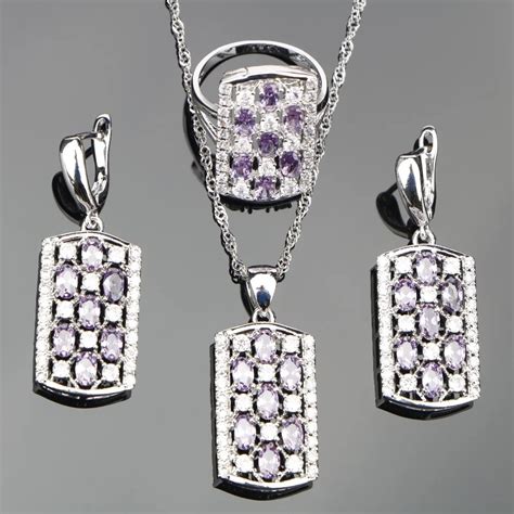 Purple Zirconia Silver 925 Bridal Wedding Jewelry Sets Women Pendant