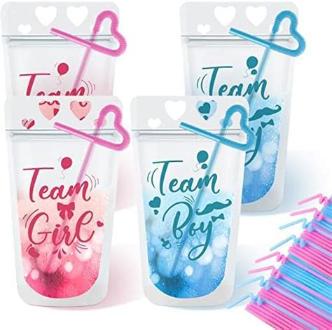 Honeydak 36 Pcs Gender Reveal Drink Pouch Cups With Straws Plastic