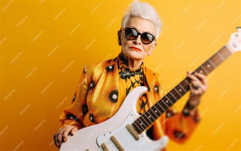 Premium Ai Image Portrait Of A Cool Trendy Old Woman Playing A Guitar