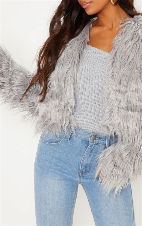 grey faux fur shaggy cropped jacket jumpers prettylittlething