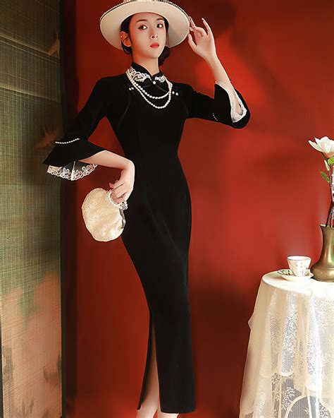 Modern Qipao Dress Black Long Daily Evening Dress Weqipao