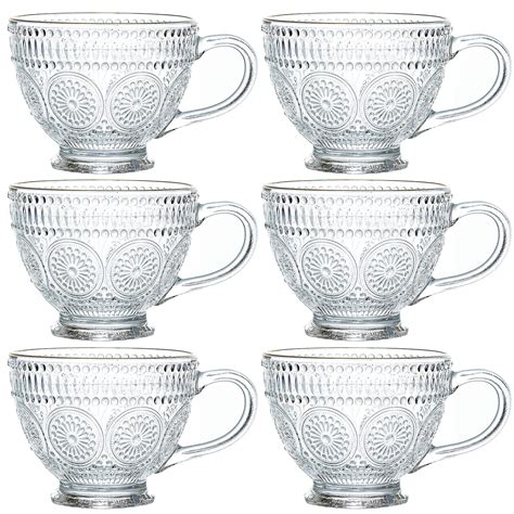 Kingrol Glass Coffee Mugs With Handles 6 Pack 12 5 Ounces Embossed Tea Cups Vintage Drinking
