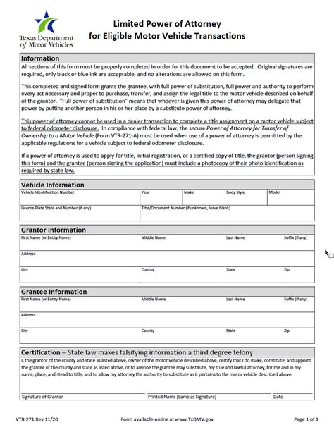 Free Texas Vehicle Power Of Attorney Form Vtr 271 Pdf
