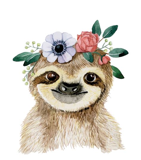 Watercolour Drawing Clipart Cute Sloth With A Wreath Of Flowers