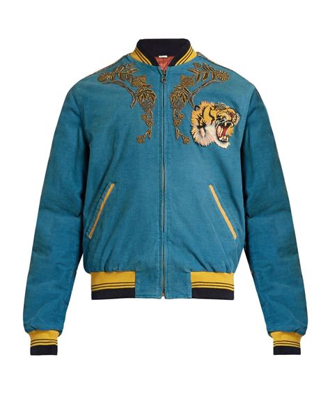 Gucci Dragon Embroidered Corduroy Bomber Jacket In Blue For Men Lyst Uk
