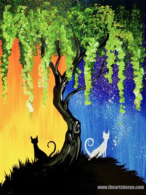Day And Night Cats Willow Tree Q Tip Acrylic Painting For Beginners