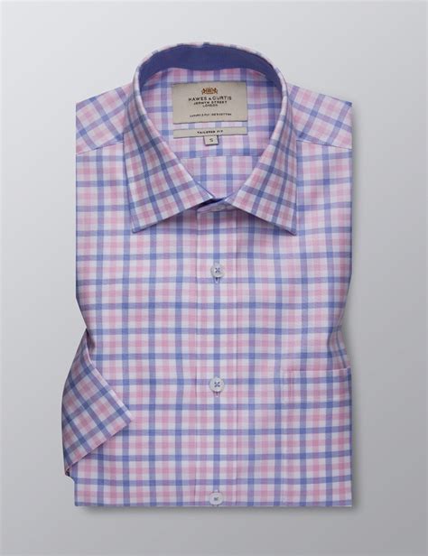 Mens Dress Blue And Pink Multi Plaid Tailored Fit Shirt Short Sleeve