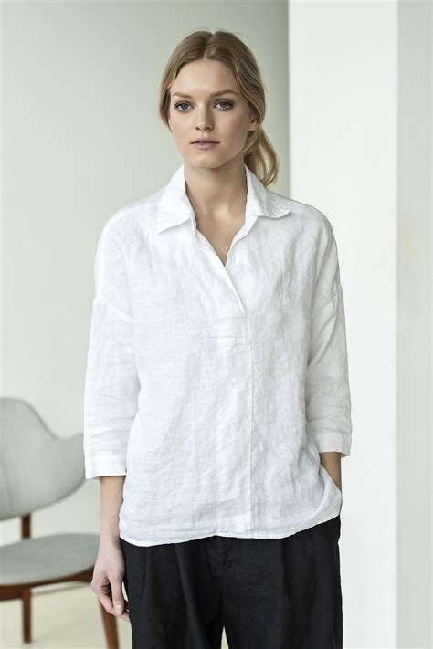 White Linen Blouse For Women Button Less Shirt Oversized Linen Top In