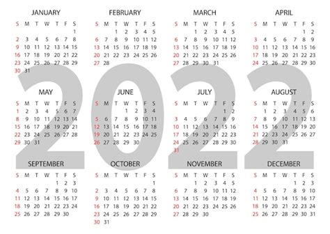 Calendario 2022 Año Ilustración Vectorial La Semana Comienza El