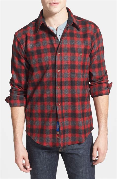 pendleton trail fitted plaid wool flannel shirt in red for men red black plaid lyst