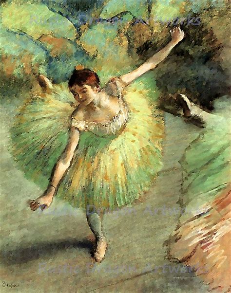 A Painting Of A Ballerina In Green And Yellow Tutu With Her Arms