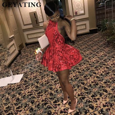 Sexy Halter Backless Red Short Prom Dresses For Black Girls Sequins