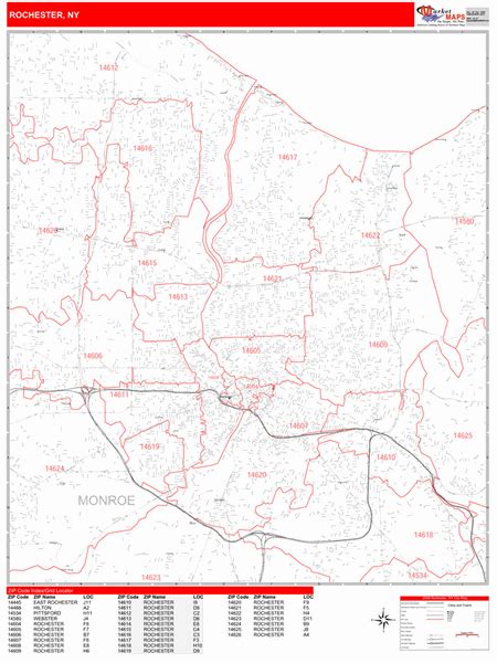 Rochester New York Zip Code Wall Map Red Line Style By Marketmaps