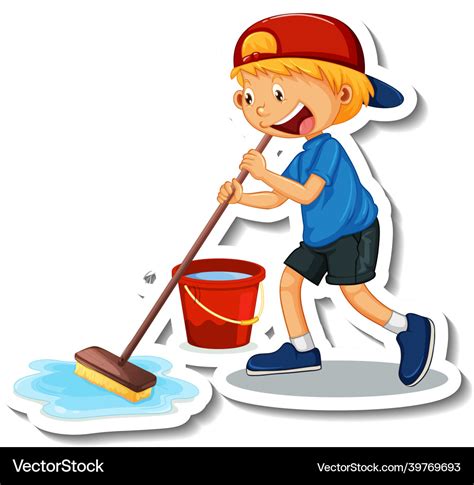 Sticker Template With A Boy Cleaning Cartoon Vector Image