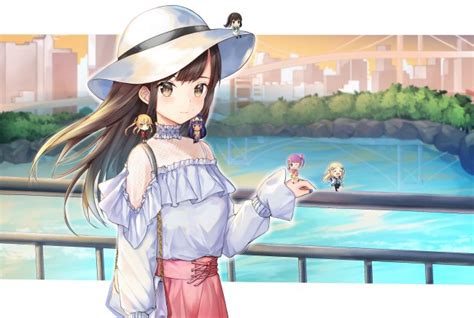 Wallpaper Anime Girls Chibi Brown Hair Happy Hat Summer