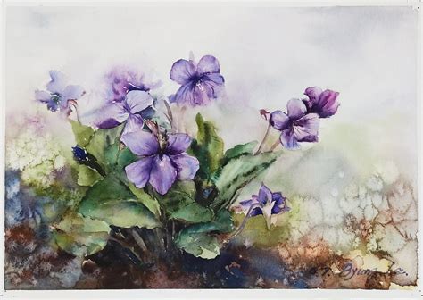 Purple Violet Original Watercolor Painting Flower Art Etsy
