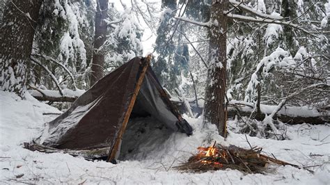 Solo Winter Camping In Heavy Snow Overnight In Tarp Shelter Youtube