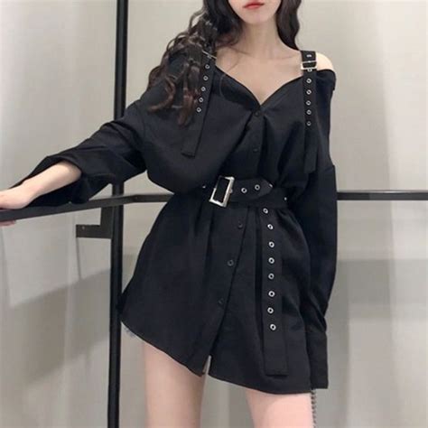 Cute Korean Off Shoulder Dress With Belts This Kawaii Outfit From Harajuku Has Black Color And