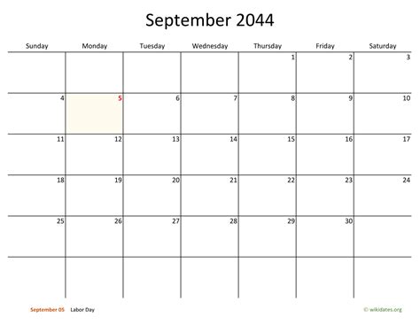 September 2044 Calendar With Bigger Boxes