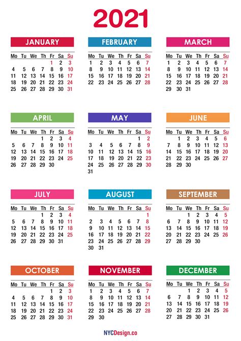 Download 2021 and 2022 pdf calendars of all sorts. 2021 Calendar Printable Free, PDF, Colorful - Monday Start ...