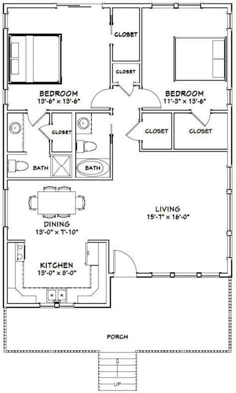 30x40 House 2 Bedroom 2 Bath 1 136 Sq Ft Pdf Floor Plan Instant Download Model 1c