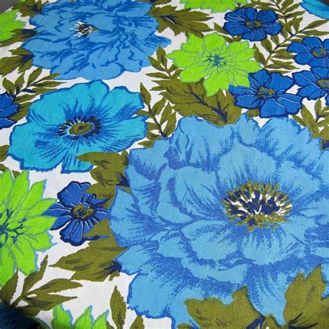 Vintage Mid Century Floral Fabric Blue And Green Large Flowers Cotton