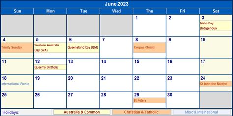 June 2023 Australia Calendar With Holidays For Printing Image Format