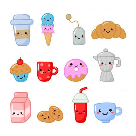Set Of Cute Funny Breakfast Food And Drinks Kawaii Style Icons Isolated