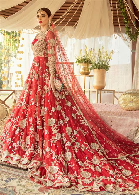 Long Trail Frock For Wedding In Red Color Nameera By Farooq