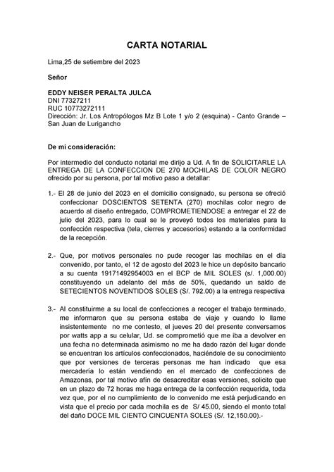 Carta Notarial Espinoza Mochila Carta Notarial Lima25 De Setiembre