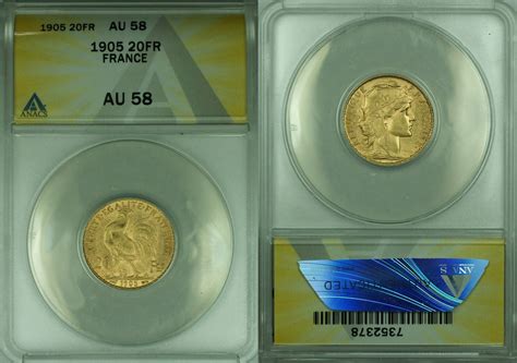1905 France 1905 France Rooster 20 Francs Gold Coin Anacs Au 58 Ma Shops
