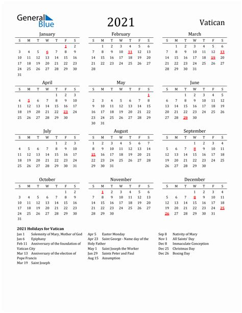 Free Vatican Holidays Calendar For Year 2021