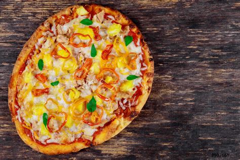 Pizza With Corn Bacon Parmesan Cheese And Chicken Stock Photo