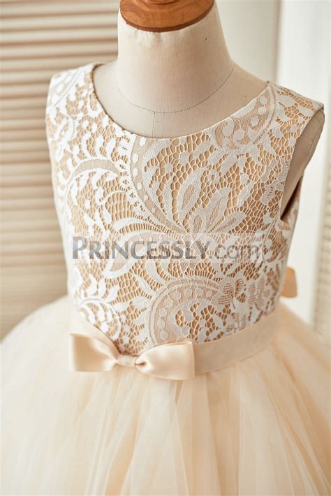 Ivory Lace Champagne Tulle Flower Girl Dress With Uneven Hem And Belt