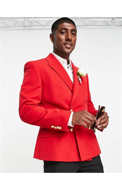 Asos Wedding Skinny Double Breasted Blazer With Gold Buttons In Red For Men Lyst