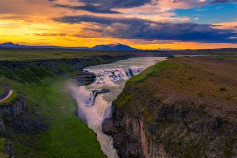 Premium Photo Aerial View Of Sunset Over Gullfoss Waterfall And The